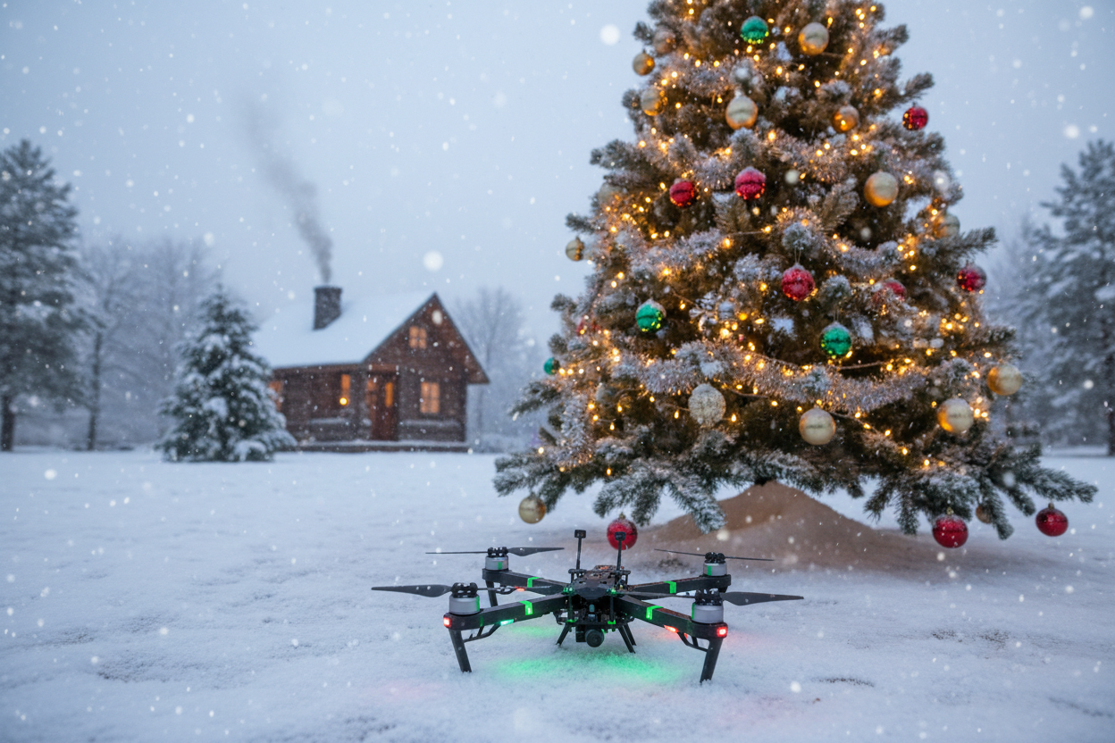 Quadcopter sitting on the ground with a Christmas tree in the background. There is light snow on the ground.