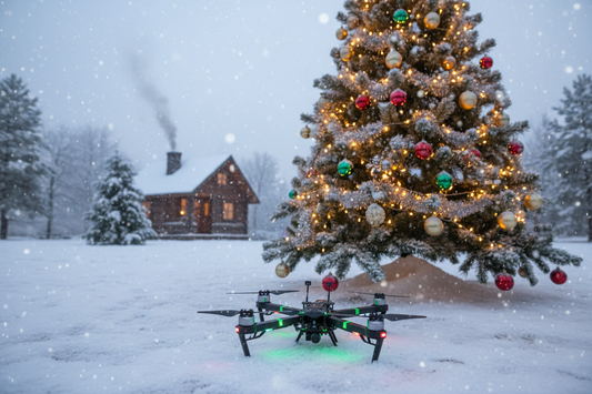 Quadcopter sitting on the ground with a Christmas tree in the background. There is light snow on the ground.